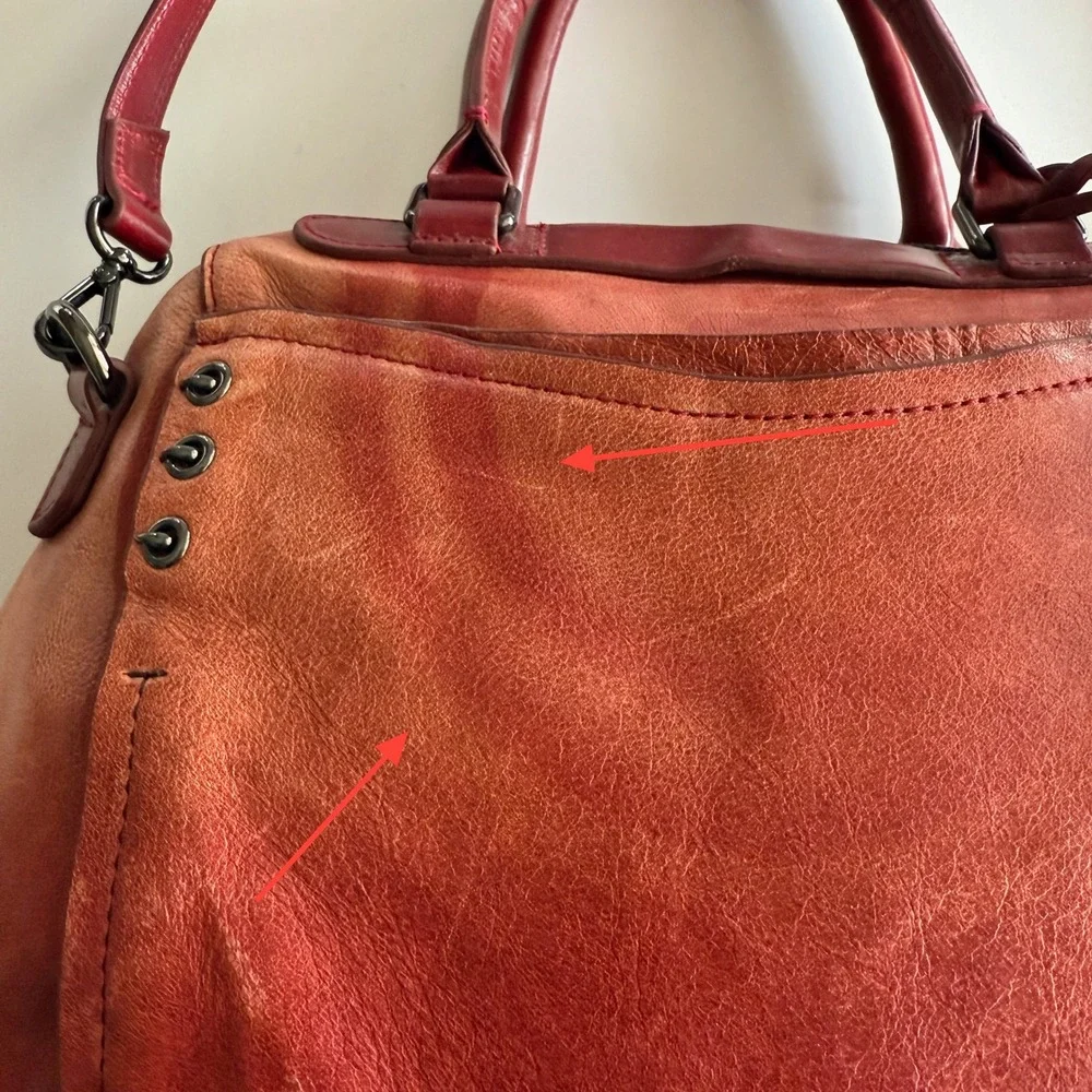 Olivia Harris Double Top Satchel Distressed Red Leather Shoulder Bag Purse - Picture 3 of 14